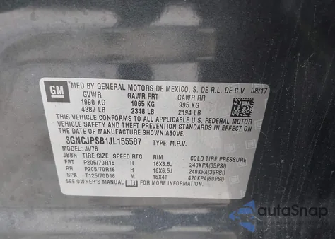 2018 Chevrolet Trax Lt z USA, uszkodzony, nr VIN 3GNCJPSB1JL155587